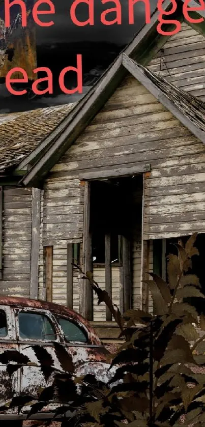 Abandoned house with eerie skeleton and rusty car wallpaper.