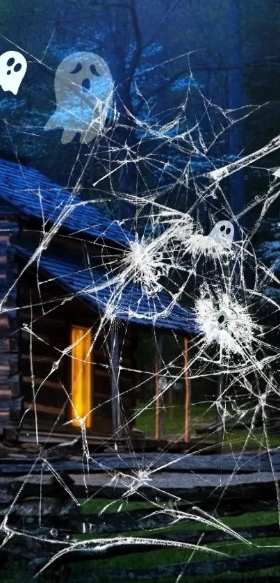 Haunted cabin with ghosts and cracked glass effect.