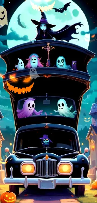 Haunted Halloween car with ghosts and witch in a spooky night scene.