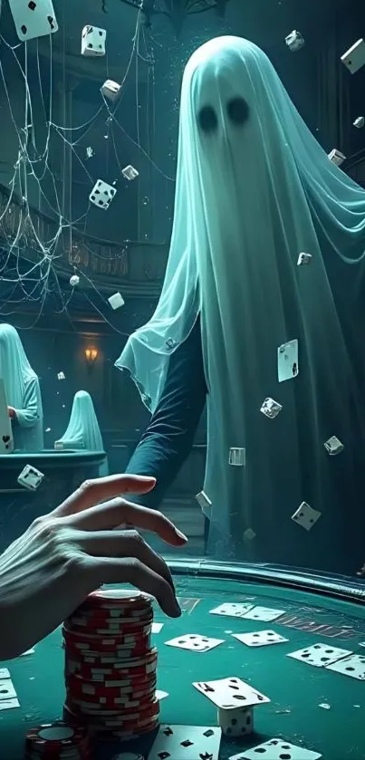 Ghostly figures in haunted casino with floating playing cards.