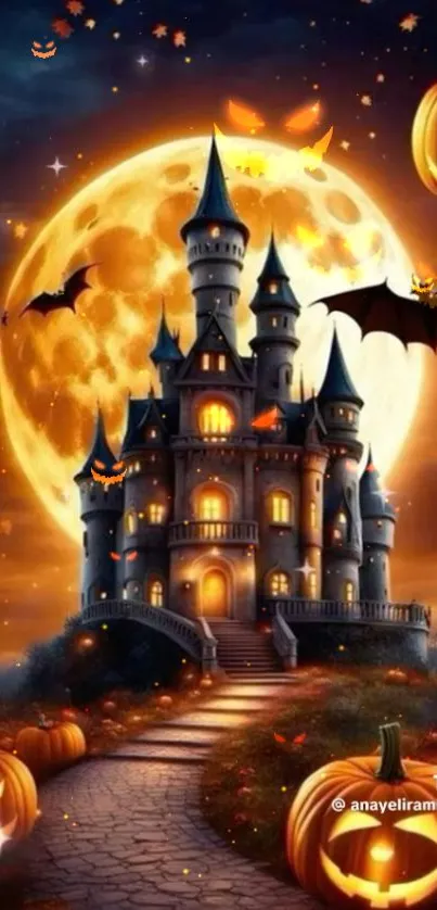 Halloween castle with moon and bats, perfect for Halloween vibes.