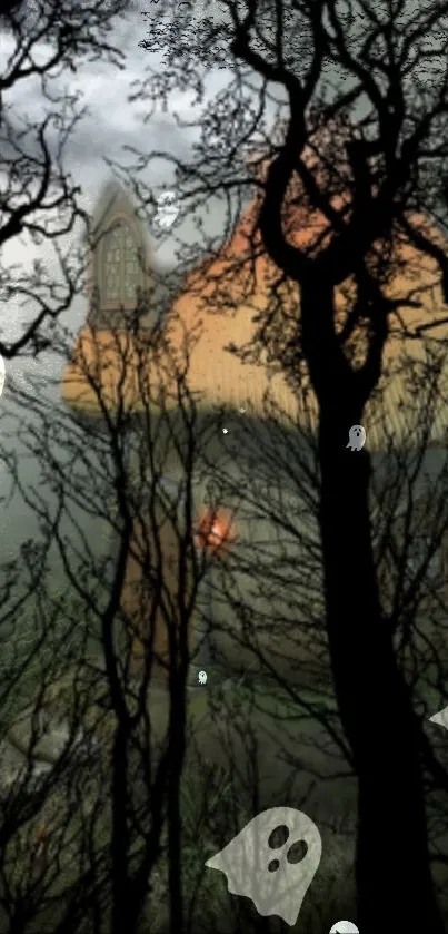 Spooky haunted castle with ghosts and trees in a Halloween-themed artwork.