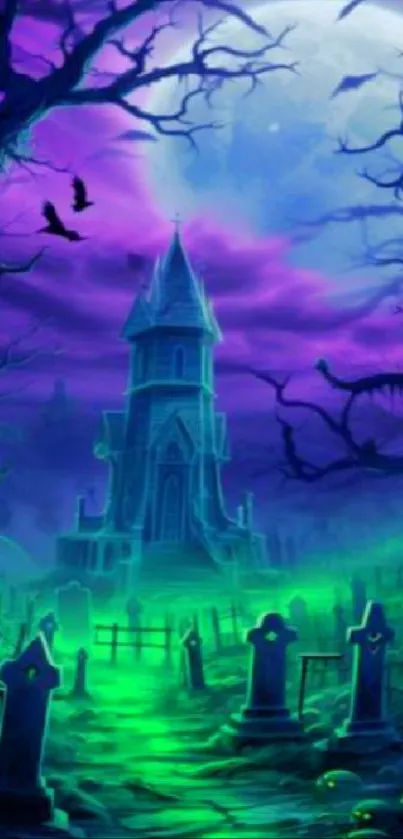 Haunted castle under a mystical purple sky with bats and eerie graves.