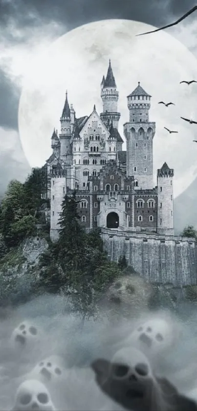 Haunted castle under full moon with ghosts.