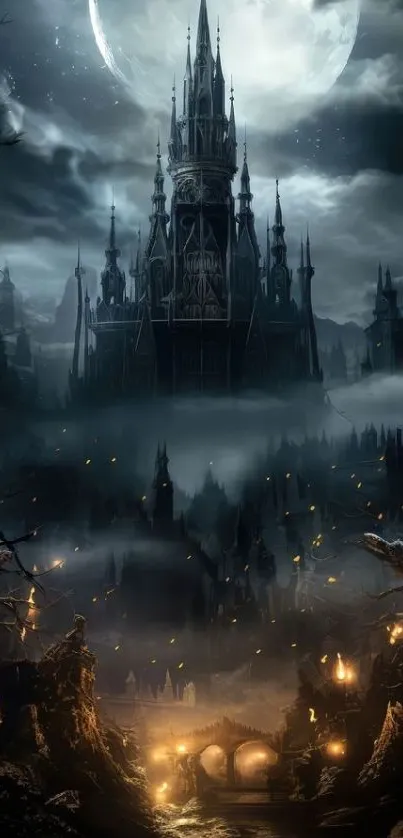 A haunted castle under a full moon with eerie surroundings.