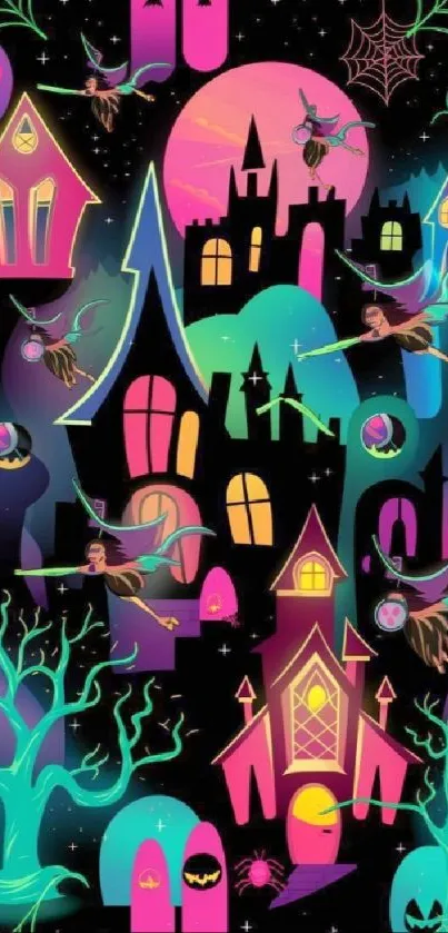 Colorful spooky scene with witches and haunted castle.