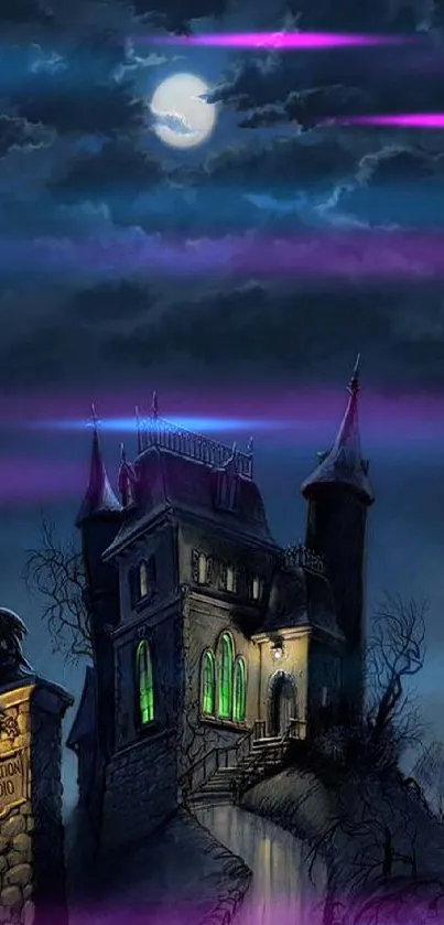 Dark blue haunted castle under a glowing moonlit sky wallpaper.