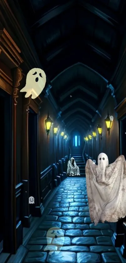 Gothic hallway with ghosts under lantern lights.