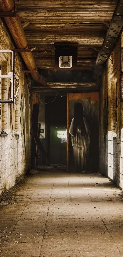 Dark haunted corridor with a ghostly figure in an eerie setting.