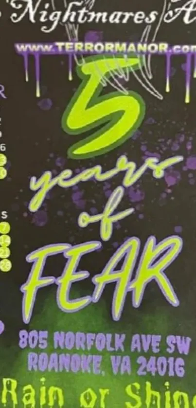 Bold green '5 Years of Fear' text on dark event poster.