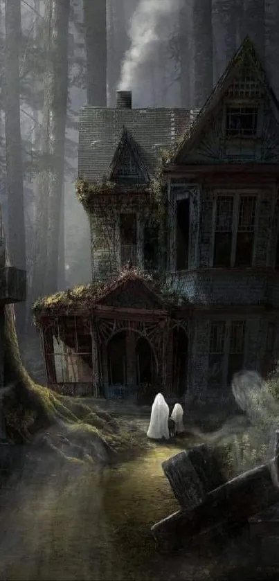 Haunted house in dark forest with mist and ghostly presence. Eerie atmosphere.