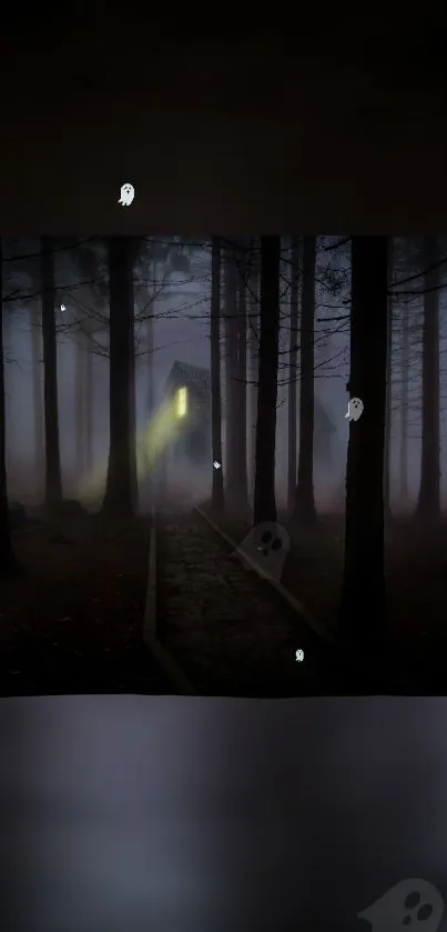 Eerie forest with a haunted path and ghostly figures on mobile wallpaper.