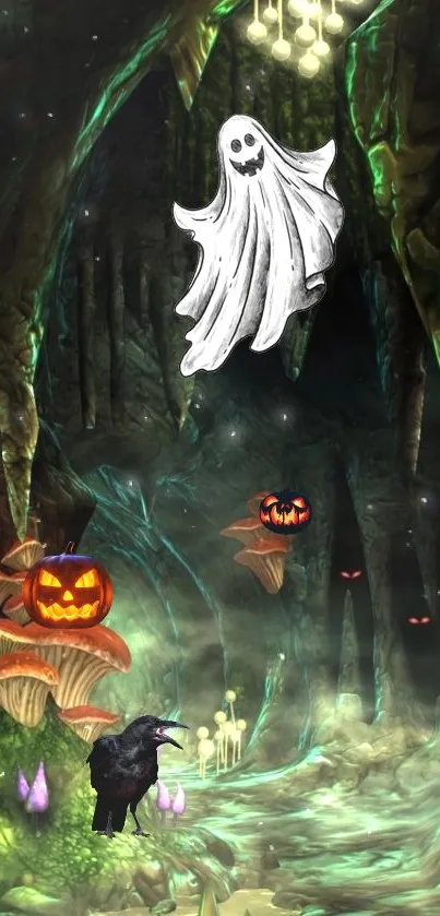 Dark forest with ghost, pumpkins, and glowing decorations.