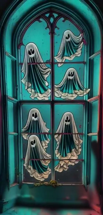 Ghosts behind a gothic window with teal hues.