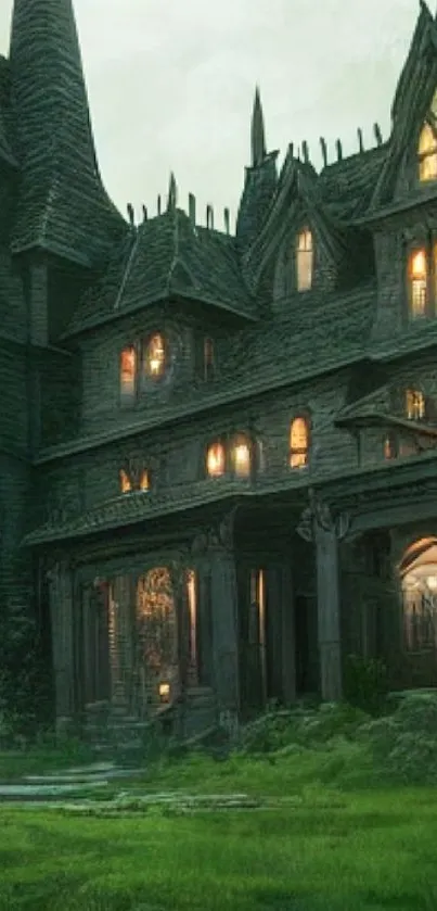 Gothic castle amidst eerie landscape with glowing windows.