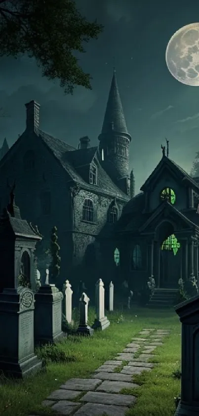 Haunted Gothic mansion under a full moon with tombstones and eerie light.