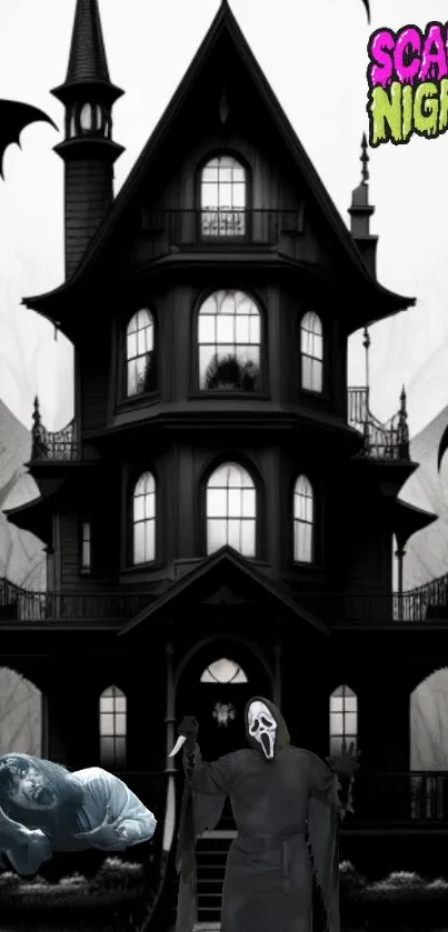 Spooky haunted house with bats and horror figures, perfect for Halloween.