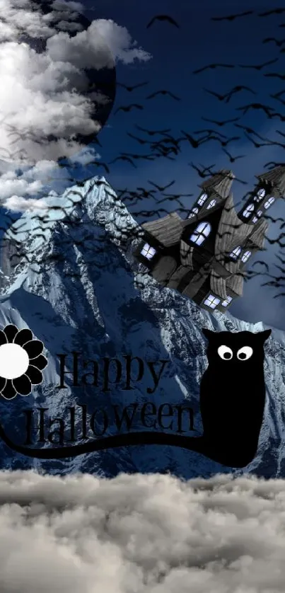 Spooky Halloween wallpaper with haunted house and dark mountain.