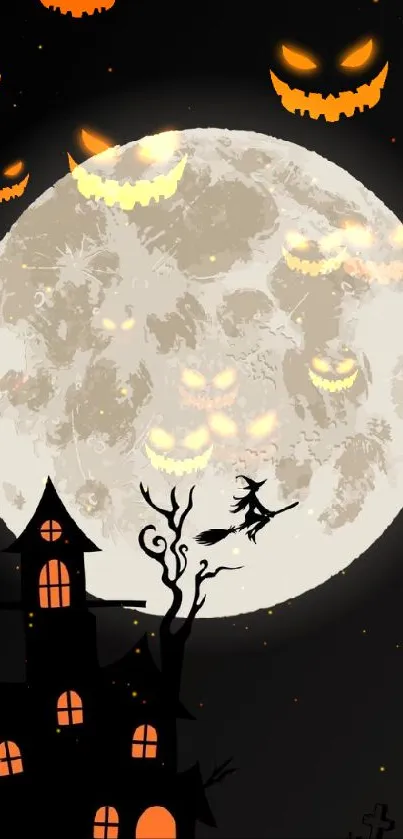 Halloween wallpaper with moon, witch, and haunted house.