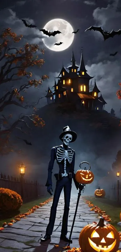 Skeleton with pumpkin on Halloween night in front of a haunted house under a full moon.