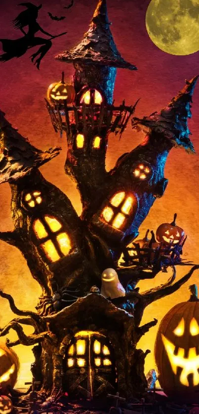 Halloween scene with pumpkins and haunted house under a full moon.