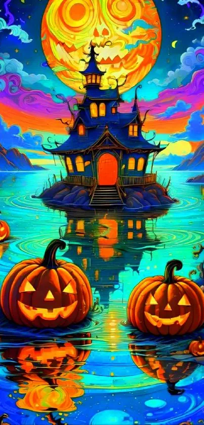 Vibrant Halloween scene with a haunted house and pumpkins under a full moon.