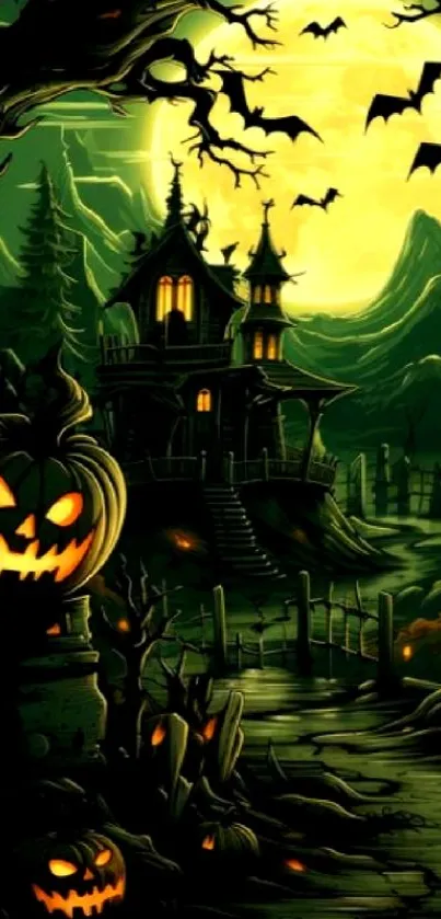 Haunted Halloween-themed mobile wallpaper with pumpkins.