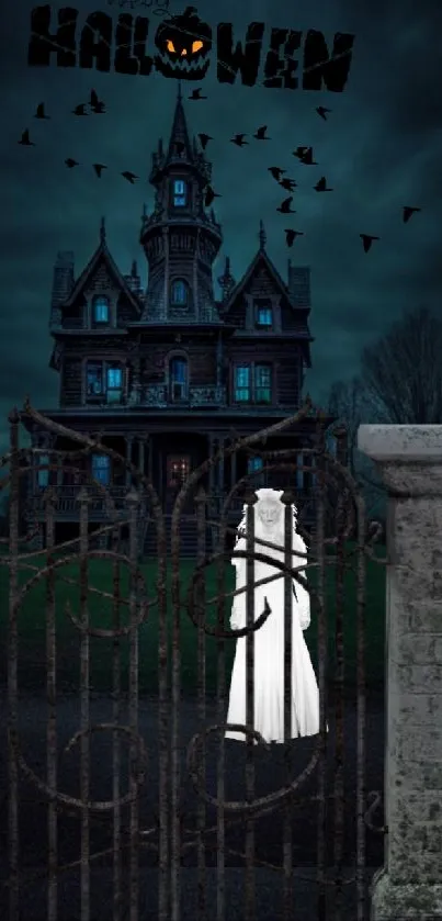 Gothic haunted house with bats and ghost under a dark stormy sky.