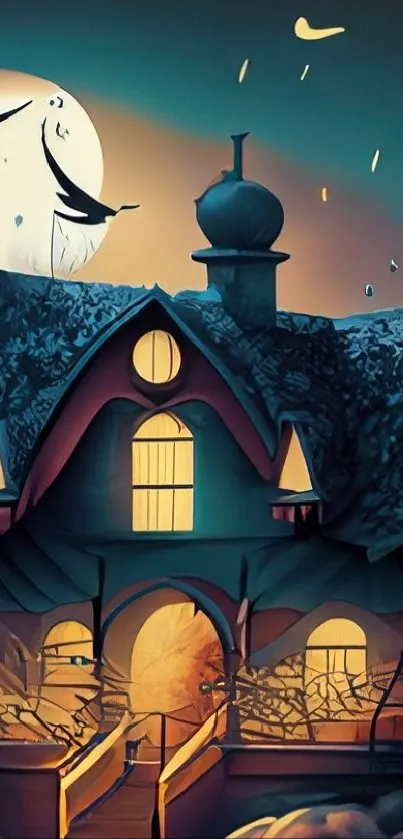 Mystical haunted house with moonlit sky