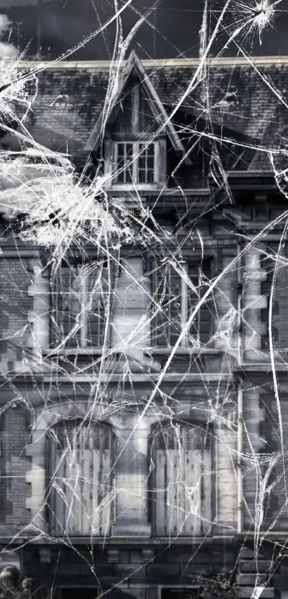 Eerie haunted house with cracked glass effect.