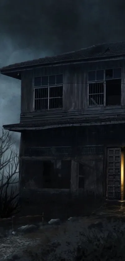 Eerie haunted house with a glowing door in a dark, cloudy night.