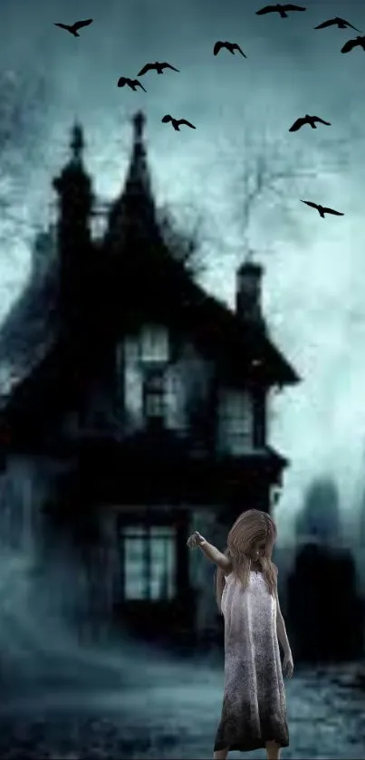 Haunting wallpaper featuring a gloomy house and flying birds.