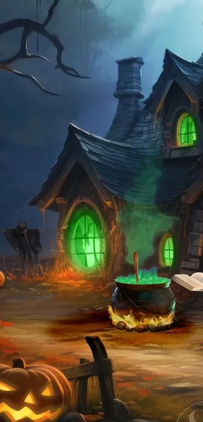 Halloween haunted house with cauldron and pumpkin.