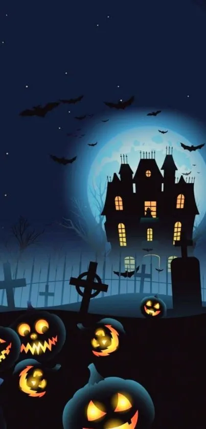 Spooky Halloween wallpaper with haunted house and pumpkins.