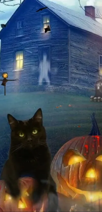 Haunted house with pumpkins and black cat Halloween wallpaper.