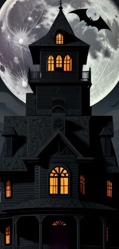 Haunted house under full moon with bats and glowing windows.