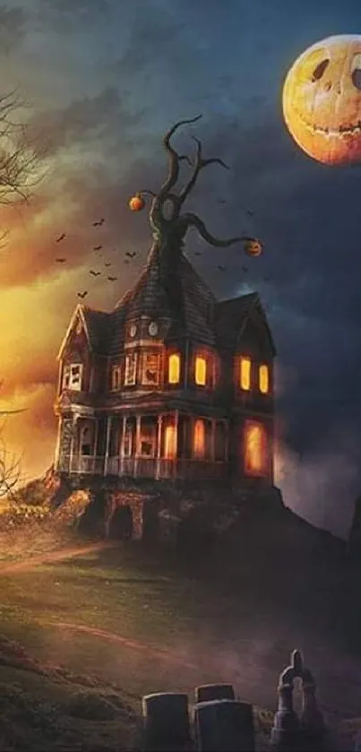 Haunted house with pumpkins and a glowing moon on Halloween night.