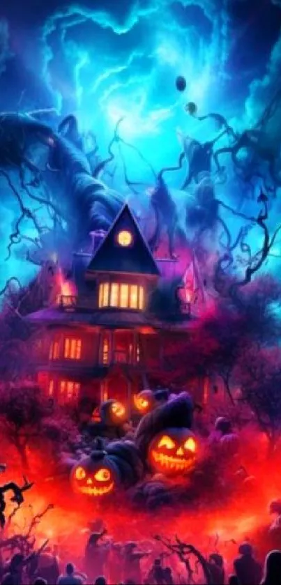 Haunted house with glowing pumpkins and eerie blue sky.