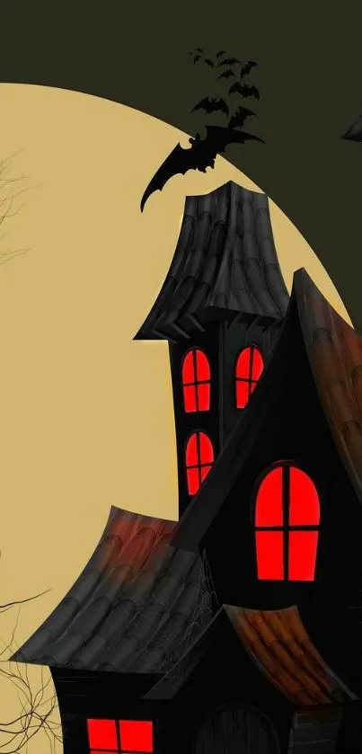 Spooky haunted house with red windows and bats by a full moon.