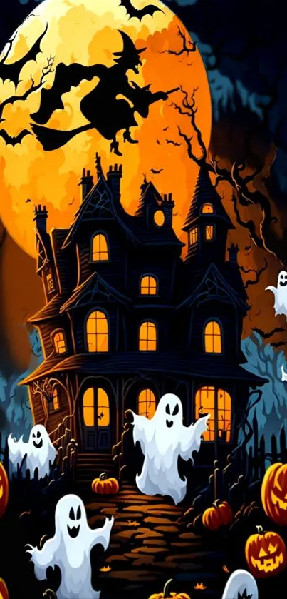 Halloween mobile wallpaper with haunted house and ghosts.