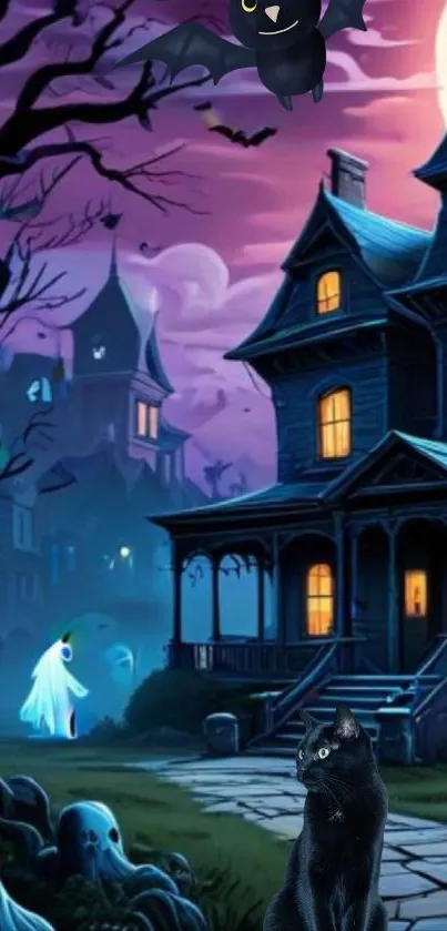 Haunted house with ghosts, bat, and a black cat on a spooky purple night.