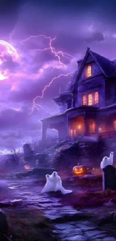 Halloween scene with haunted house and glowing pumpkins.