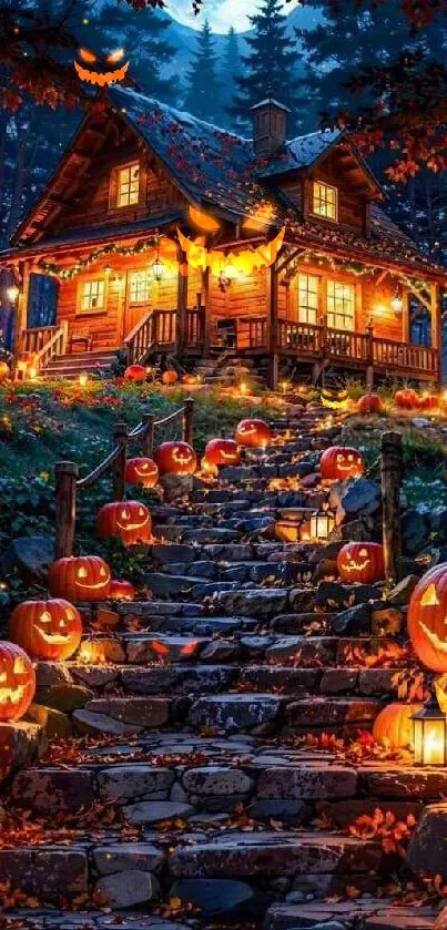 Halloween-themed wallpaper with haunted house and glowing pumpkins in forest.