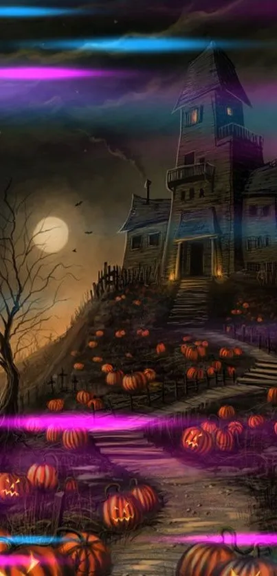 Spooky haunted house with pumpkins and a moonlit sky, perfect for Halloween wallpaper.