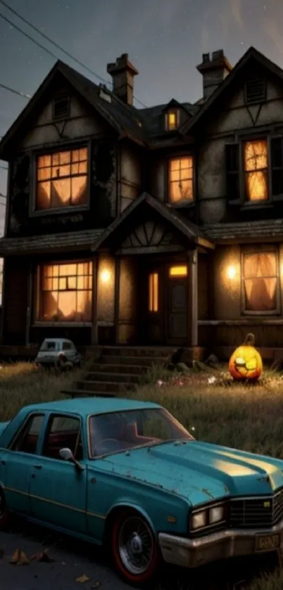 Spooky Halloween night with haunted house and classic car.