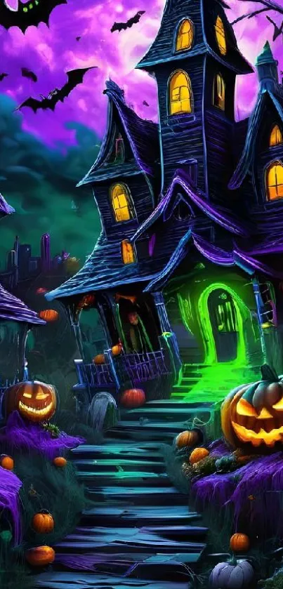 Spooky haunted house with pumpkins and glowing lights.