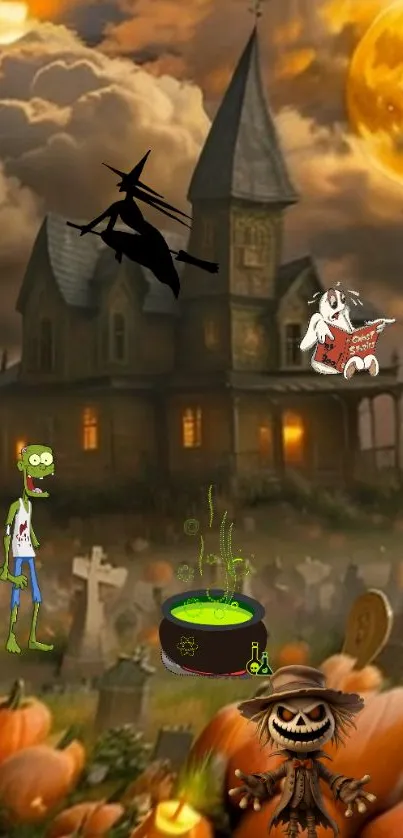 Haunted house with witch and zombie under a full moon.