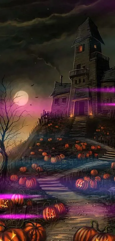 Halloween mobile wallpaper with haunted house and pumpkins.