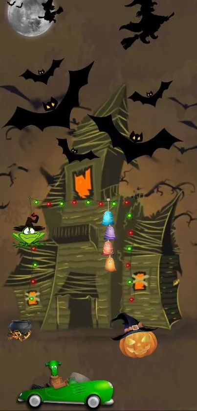 Spooky Halloween wallpaper with haunted house, bats, and pumpkins.