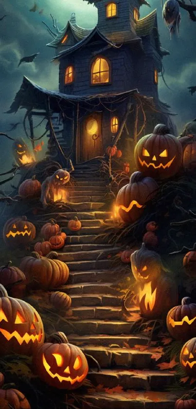 Spooky haunted house with glowing pumpkins and a mysterious night sky.